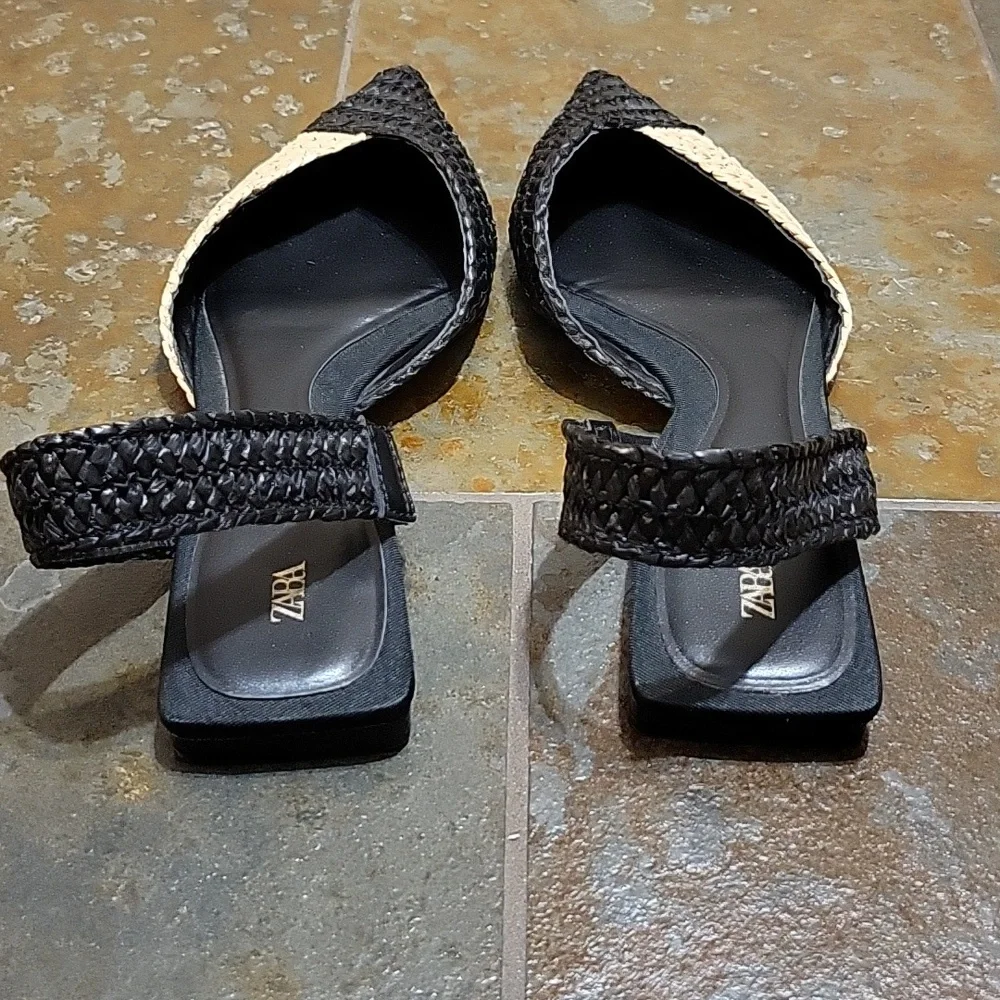 Zara Raffia Slingback Colorblock Flats in Black & Cream - EU Size 37 or US 6.5/7 - Picture 4 of 11